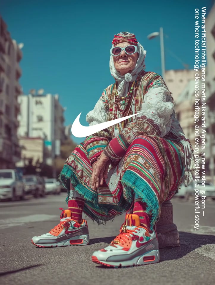 Une femme âgée en tenue colorée et sneakers, exploration Nike