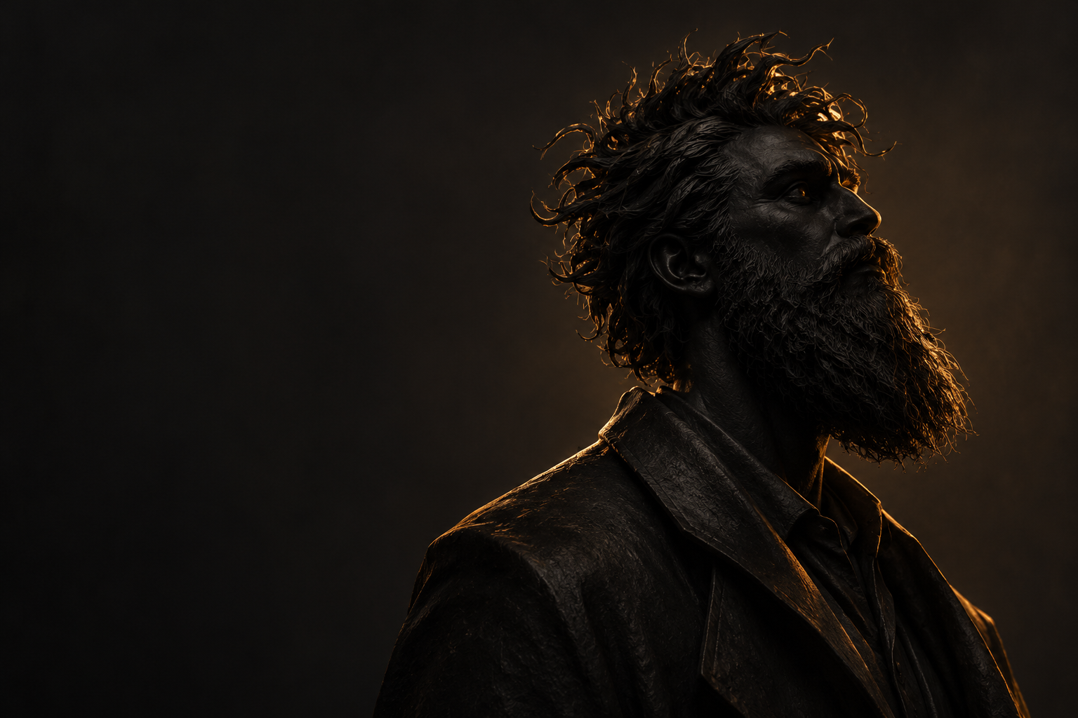 Personnage de Richad réinterprété en sculpture noire, barbe et silhouette révélées par une lumière ambrée